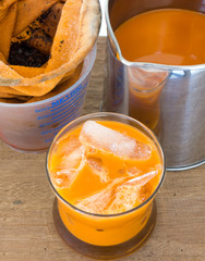 Closeup glass of ice milk tea and bag filter. Ice milk tea making by local method.