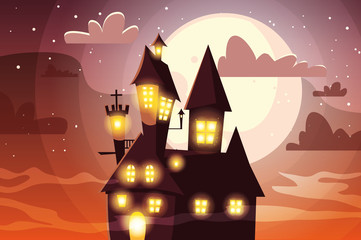 Fototapeta na wymiar scary castle with moon in scene of halloween