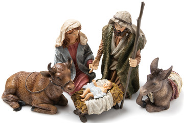 Holy Family: Virgin Mary, Saint Joseph, the Ox, the donkey and Baby Jesus Ceramic Figurines - obrazy, fototapety, plakaty