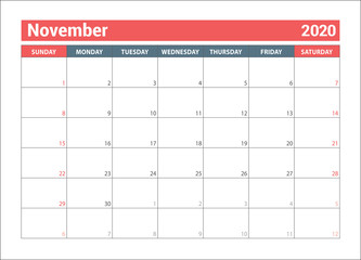November 2020. Horizontal planner. English calendar. Сolor vector template. Week starts on Sunday. Business planning. New year. Clean minimal table. Simple design