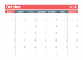 October 2020. Horizontal planner. English calendar. Сolor vector template. Week starts on Sunday. Business planning. New year. Clean minimal table. Simple design