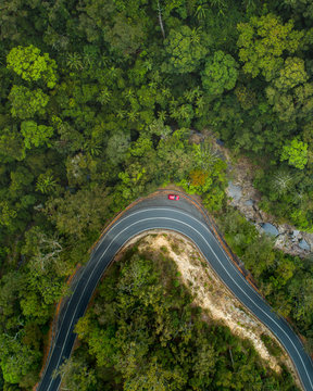 Aerial view of windy road in a mountain with beautiful green trees and small creek running. © Florent