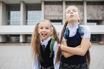Two teenage schoolgirls in uniform with ponytails and pigtails pose and look at the camera.