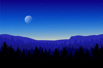 Naklejka na ściany i meble Pine wood forest landscape with blue sky and starry night illustration