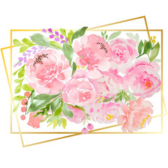 Beautiful watercolor rectangle of pink watercolor peonies and roses with a gold frame, isolate on white. Floral rectangular shape for cards, invitation, design.