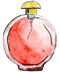 Perfume red bottle. Watercolor hand drawn illustration. Isolated on white background. Trendy print. Fashion illustration beauty cosmetic.