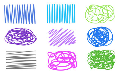 Abstract backgrounds with array of lines. Chaotic textures on white. Wavy samples. Hand drawn tangled patterns. Colorful illustration. Sketchy hatching elements for design