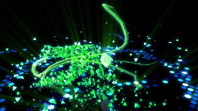 a colorful dancer doing circles on an LED floor, with bright lines and 3D particles effects