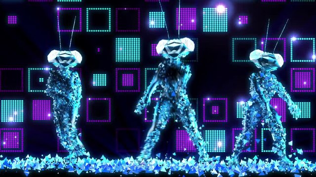 multiple dancers made from particles dancing in-front of an LED wall, colorful and vivid for VJ screen