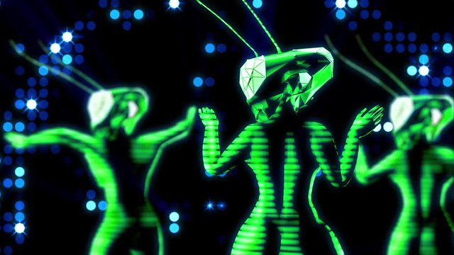 looping dancers jumping and dancing wearing LED mantis helmet, inside a digital space made of LED lights for DJ and VJ