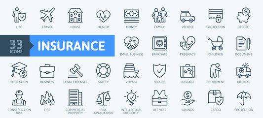 Fototapeta na wymiar Insurance elements - minimal thin line web icon set. Outline icons collection. Simple vector illustration.