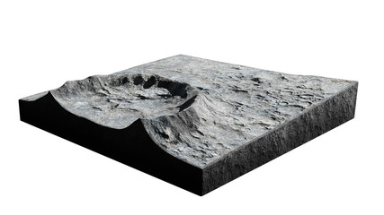 cross section of a crater on the surface of the Moon, terrain model isolated on white background