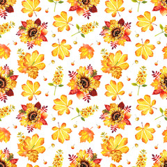 Watercolor autumn seamless pattern with leaves and sunflower isolated on a white background