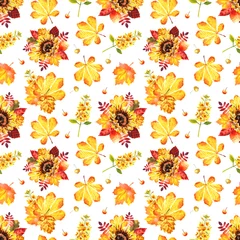 Behang Watercolor autumn seamless pattern with leaves and sunflower isolated on a white background © Елизавета Порошина