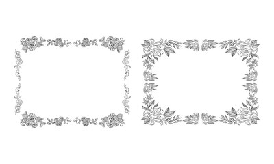 Tropical hand-drawn floral rectangular shaped frames. Outline set. Jungle illustration. Floral set. Vector isolated collection. Natural spring wedding card. Summer tropical leaf. Botanical frames