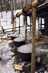 Three cast iron evaporator pots over open fire to produce maple syrup at a sugar shack