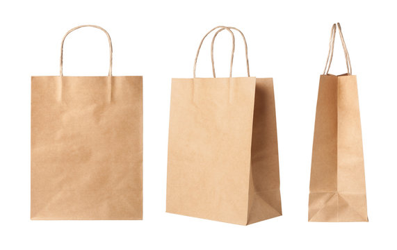 Brown paper shopping bags isolated on white background