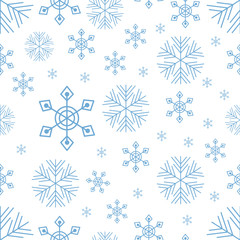 Seamless pattern with blue different snowflakes