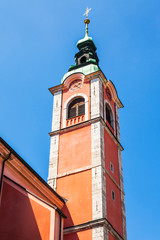 Ljubljana, Slovenia, August 5, 2019. Franciscan Church of the Annunciation (Slovene: Franciskanska cerkev Marijinega oznanjenja or commonly Franciskanska cerkev)
