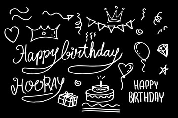 hand drawn of doodle party. design element for concept design greeting card happy birthday. white on black. vector illustration