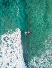 Aerial top view of a surfer at sunset catching a wave in a beautiful summer day in the blue ocean in a tropical paradise.