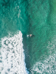 Obraz premium Aerial top view of a surfer at sunset catching a wave in a beautiful summer day in the blue ocean in a tropical paradise.