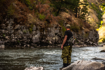 Obraz premium Fly fisherman casting in the mountain stream during the fall season.