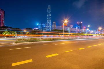 Shenzhen Futian CBD building and urban road traffic light rail night scene