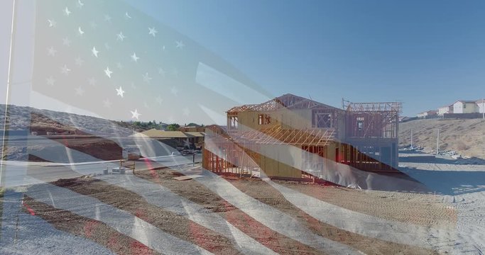 4k Ghosted American Flag Waving With Drone Aerial View of New Home Construction Site Background