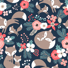Seamless vector pattern with cute hand drawn fox family and flowers on dark blue background. Perfect for textile, wallpaper or print design. © MirabellePrint