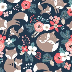 Sierkussen Dieren patronen Seamless vector pattern with cute hand drawn fox family and flowers on dark blue background. Perfect for textile, wallpaper or print design.  © MirabellePrint