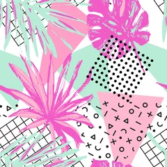 Stoff pro Meter Funky florales geometrisches nahtloses Muster im trendigen Memphis-Stil, die Neonfarben der 80er, 90er Jahre © Tanya Syrytsyna