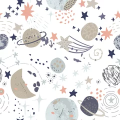 Gordijnen Cartoon kosmische achtergrond: schattige planeten, maan, vallende sterren, melkweg, Melkweg. © Tanya Syrytsyna