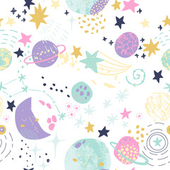 Cartoon cosmic background: cute planets, moon, shooting stars, galaxy, milky way. © Tanya Syrytsyna