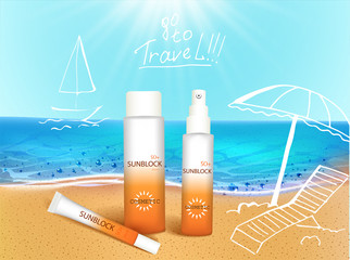 Vector illustration. 3d bottles with sun protection cosmetic products on tropic beach with hand draw doodle element. Sunblock cream and tanning oil spray bottle. Template, for magazine or ads