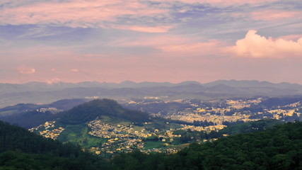 scenic landscape of ooty hill station from doddabetta peak (highest peak of nilgiri mountains and 2nd highest of south india) in ooty in india