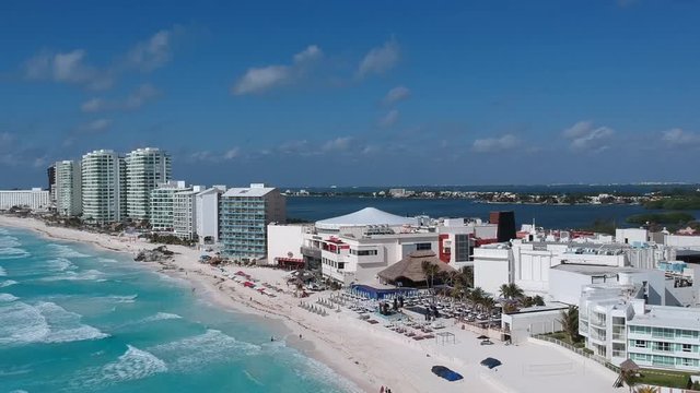 Aerial shot of the hotel zone in canc&uacute;n, in a sunny day hitting the blue waters of the caribbean. Left panning reveal.