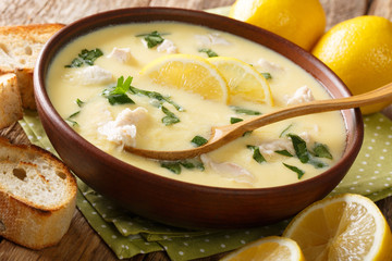 Fresh greek lemon soup with chicken and orzo paste close-up in a bowl. horizontal