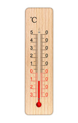 Wooden celsius scale thermometer for measuring air temperature. Thermometer isolated on white background. Air temperature minus 10 degrees celsius