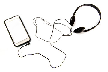 smartphone with headphones on a white background
