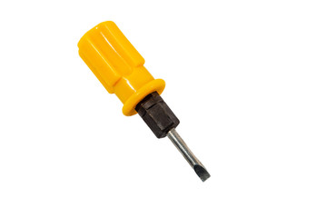 screwdriver with yellow handle with interchangeable tip on a white background