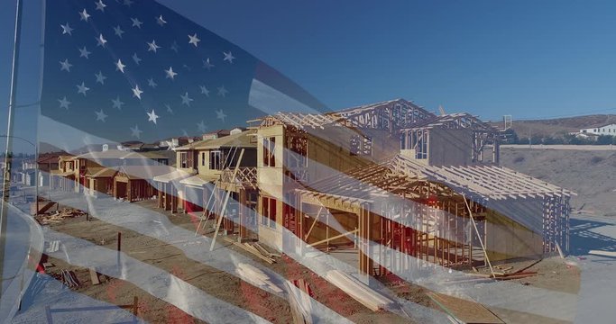 4k Ghosted American Flag Waving With Drone Aerial View of New Home Construction Site Background