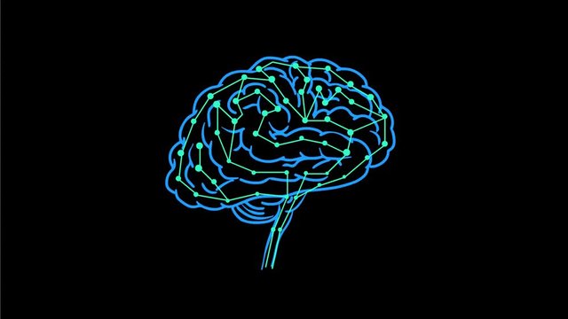 2d Animation motion graphic low polygon mesh or wireframe of a human brain with electrical circuitry scan being scanned for deep learning on black screen in HD high definition.