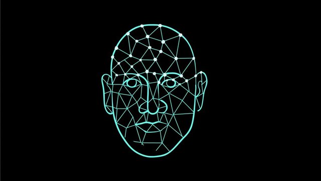 2d Animation motion graphic low polygon mesh or wireframe of a male human face scanned for biometric, face or facial identification recognition on black screen in HD high definition.