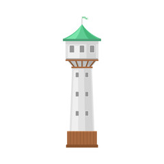 White tower with a green roof. Vector illustration on a white background.