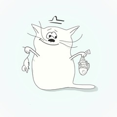 Digital illustration depicts a cat choosing between a mouse and a fish. And the fish outweighs! Cat-Libra.