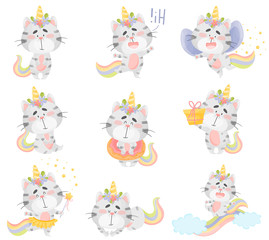 Set of cute cats unicorns. Vector illustration on a white background.