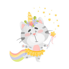 Cat unicorn with a magic wand. Vector illustration on a white background.