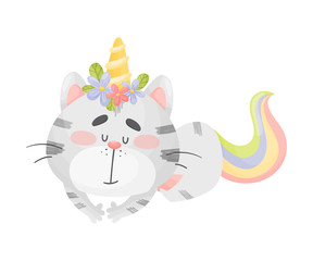 Unicorn cat is sleeping. Vector illustration on a white background.
