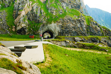 Road with old tunnel in mountains Norway